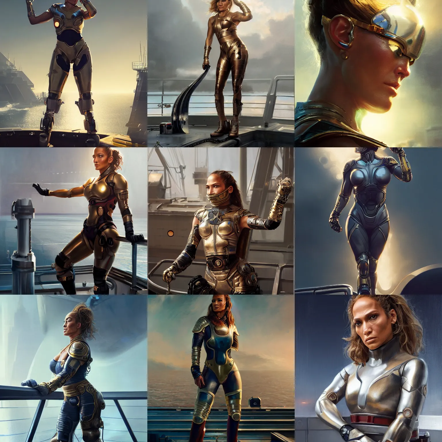 Prompt: a heroic portrait of Jennifer Lopez mechanic with one prosthetic metallic gauntlet standing on a ship deck by Greg Rutkowski, ultra realistic, Sung Choi, photorealistic 8k, cinematic lighting, HD, high detail, atmospheric, trending on artstation
