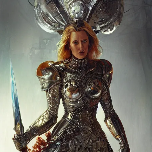 Image similar to A painting of Gillian Anderson wearing a intricate silver armor and holding Excalibur by nuri iyem, james gurney, james jean, greg rutkowski, anato finnstark. hyper detailed