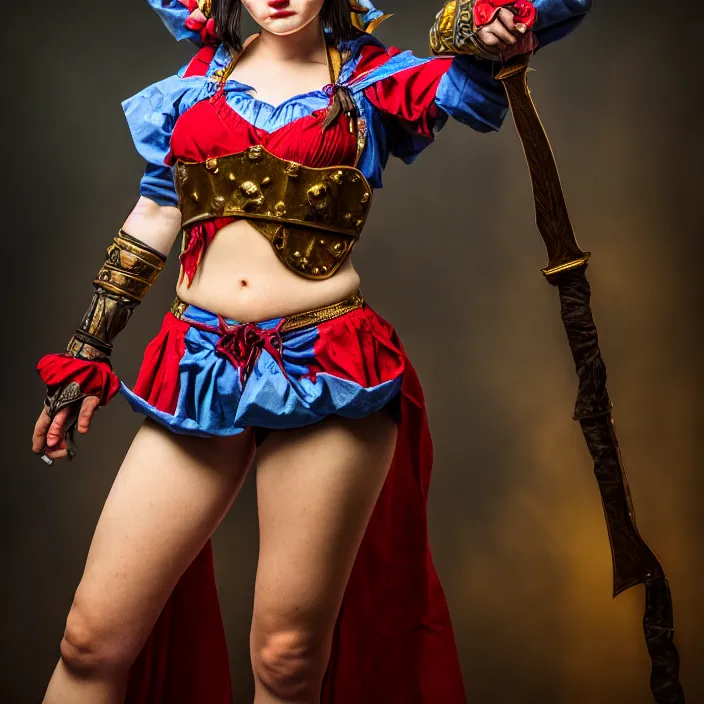 Image similar to full body photo of a real - life beautiful female jester warrior, 8 k, hdr, smooth, sharp focus, high resolution, award - winning photo