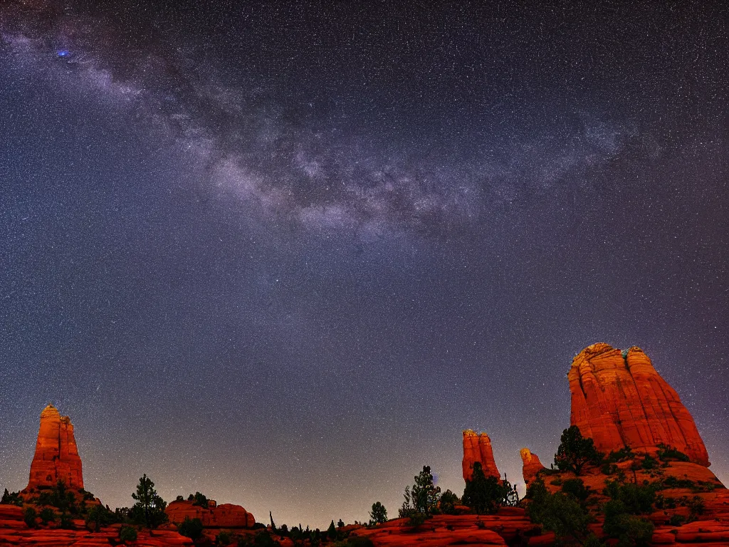 Image similar to long distance shot, sedona's cathedral rock bluff, night, milky way, intricate lines, elegant, extreme detail, sharp focus, photo realistic, ultra realistic, photographic