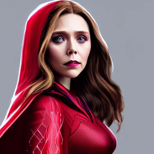 Image similar to Elizabeth Olsen as the Scarlet Witch, Elizabeth Olsen wearing Scarlet Witch attire and makeup, photorealistic imagery, trending on artstation, 4k, 8k