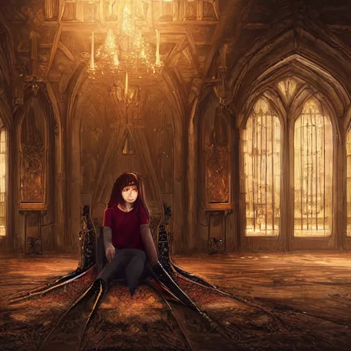 Prompt: digital art by wlop of a fantasy huge throne room with a teenage girl with brown hair wearing ragged modern shirt and jeans pants sitting in a tall spikey throne in a huge castle room, lightshafts and foggy atmosphere