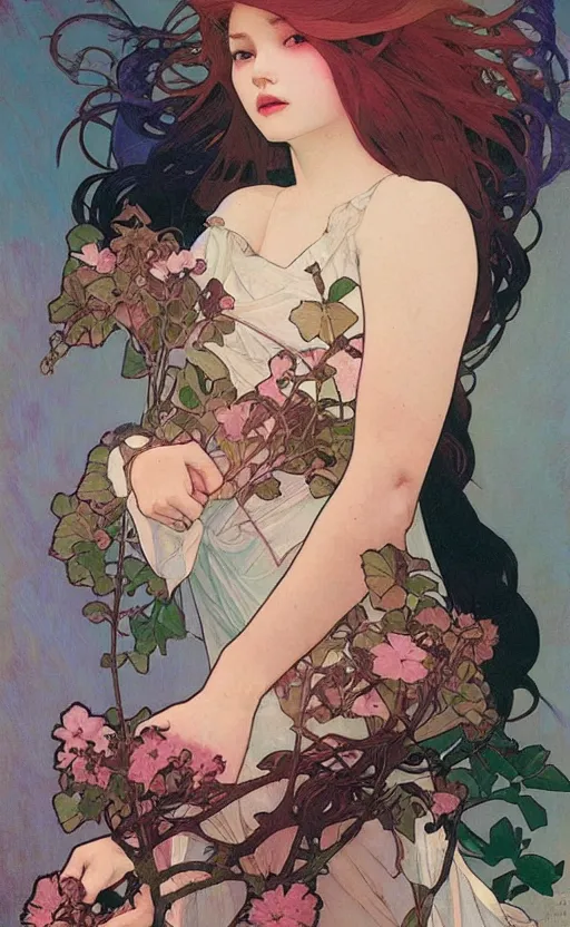 Image similar to egirl!!!!! aesthetic!!!! girl painting by tran nguyen ilya kuvshinov alphonse mucha and greg rutkowski