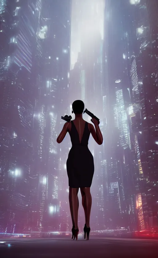 Prompt: Elegant Black woman in dress and heels, holding a futuristic pistol, back to us, looking at a futuristic Blade Runner city” 8K