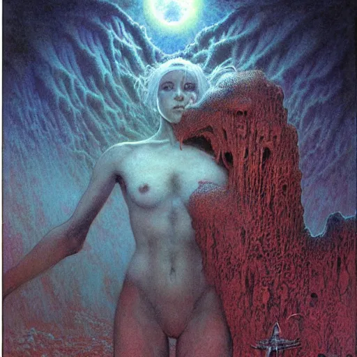 Prompt: cute young vampire tomboy girl with short dark hairs on lovecraftian planet by jean delville by luis royo and wayne barlowe, beksinski