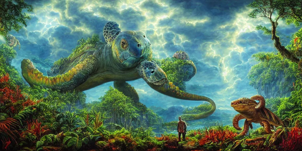 Image similar to fantasy oil painting, great leviathan, turtle cephalopod terrapin reptilian pachyderm amphibian hybrid, rainforest mountains, lush plants flowers, epic natural light, bright clouds, luminous sky, outer worlds, bright cinematic lighting, michael cheval, michael whelan, vray, 8 k hd