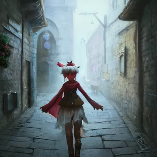 Prompt: Portrait of a Moogle Girl from Final Fantasy, huggy wuggy from poppy playtime video game sneaking through the streets of a medieval village at night, glowing lights, oil painting, Greg Rutkowski, Charlie Bowater, Beeple, unreal 5, DAZ, hyperrealistic, octane render, RPG portrait, dynamic lighting, fantasy art, beautiful face