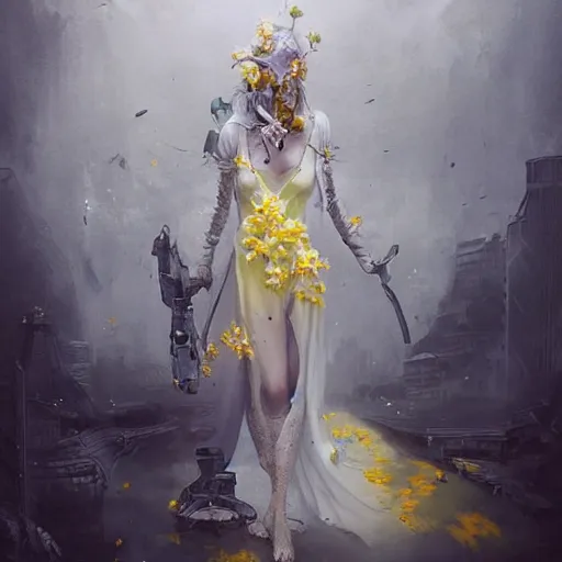 Image similar to a woman in a white dress with yellow flowers on her body, cyberpunk art by bastien lecouffe - deharme, karl bryullov, and clint cearley trending on cgsociety, fantasy art, dystopian art, apocalypse art, rococo