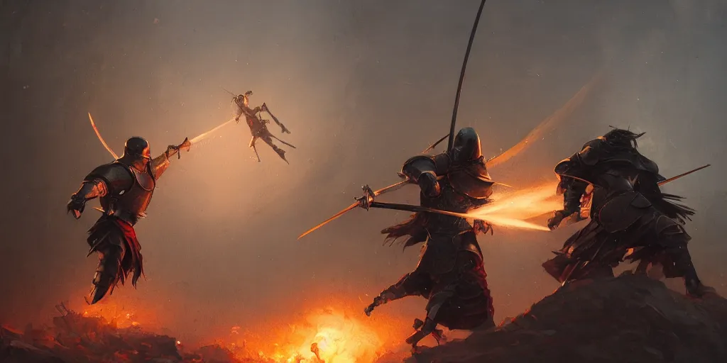 Image similar to a painting of a cinematic keyframe of two medieval knights fighting with swords at midnight by greg rutkowski, dark fantasy art, high detail, trending on artstation