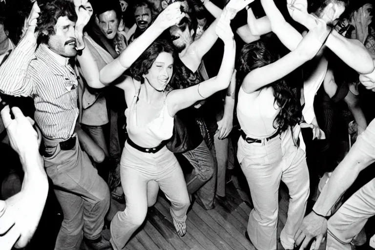 Prompt: people dancing in a club in the 70's by Geoff Darrow , they're sweating, theynre hot, colored photography, flash photography, close up, 50mm lens