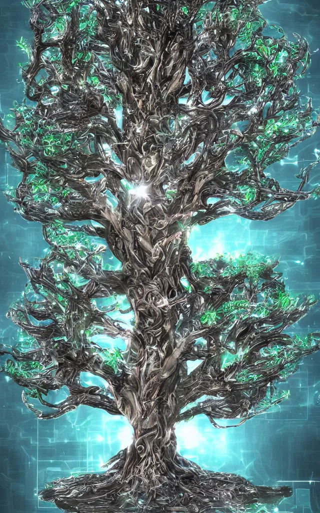 Image similar to futurist cybernetic yggdrasil tree, future perfect, award winning digital art