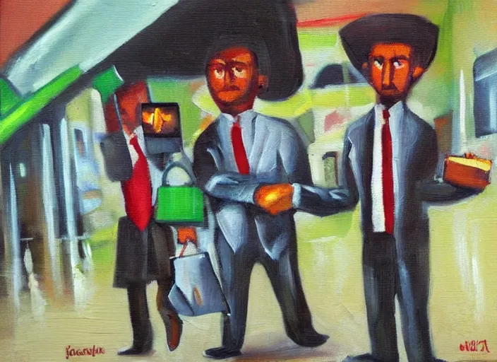 Prompt: business money oil painting