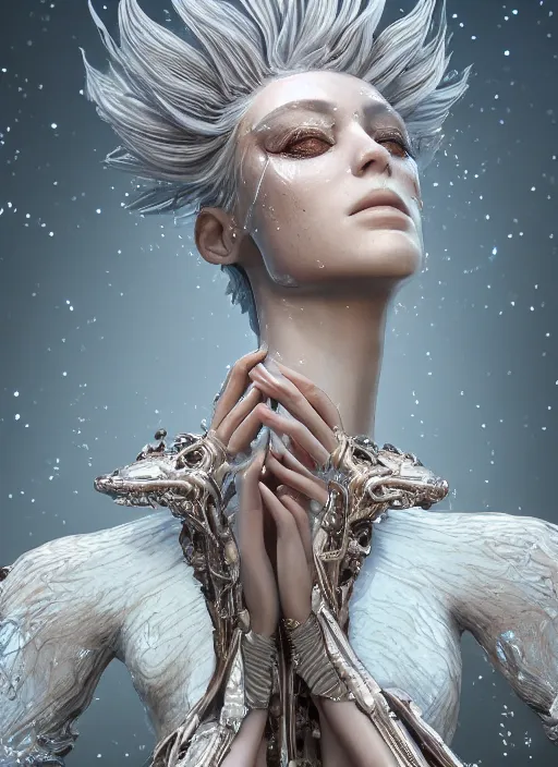 Image similar to beauteous stunning practical sumptuous androgynous biomechanical with incredible iridescent pearlescent voluminous hair, crystalline masterpiece incrustations, hyperdetailed face, elegant pose, movie still, intricate accuracy, octane render, cinematic forest lighting, cgsociety, unreal engine, crepuscular rays, god rays