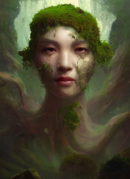 Image similar to Head of a forgotten Deity, translucent mushrooms, moss, extremly detailed digital painting, in the style of Fenghua Zhong and Ruan Jia and jeremy lipking and Peter Mohrbacher, mystical colors, rim light, beautiful lighting, 8k, stunning scene, raytracing, octane, trending on artstation