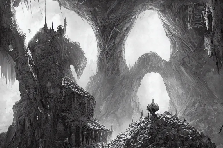 Prompt: black and white one point perspective dungeon cozy fantasy dungeon dragon artgerm and Craig Mullins, James Jean, Andrey Ryabovichev, Mark Simonetti and Peter Morbacher 16k