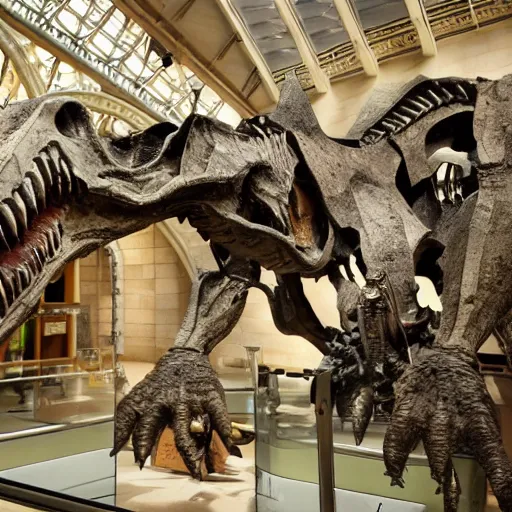 Prompt: The fossilized remains of the Dinobots in a natural history museum