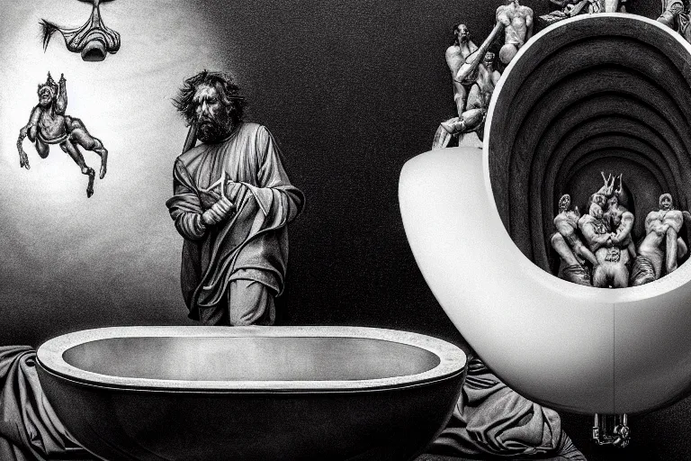 Image similar to hyperrealism aesthetic ridley scott and caravaggio style photography of detailed giant siting on a detailed ultra huge toilet bowl in surreal scene from detailed art house movie in style of denis villeneuve and wes anderson