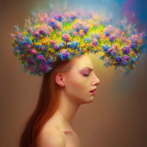 Image similar to a beautiful oil painting hyperrealism of a beautiful woman, flowers, floral headdress, 8 k resolution, octane render, trending on artstation, by gediminas pranckevicius, volumetric light 2 blue fractal thunder glow by dan mumford, anaglyph effect, laurie lipton