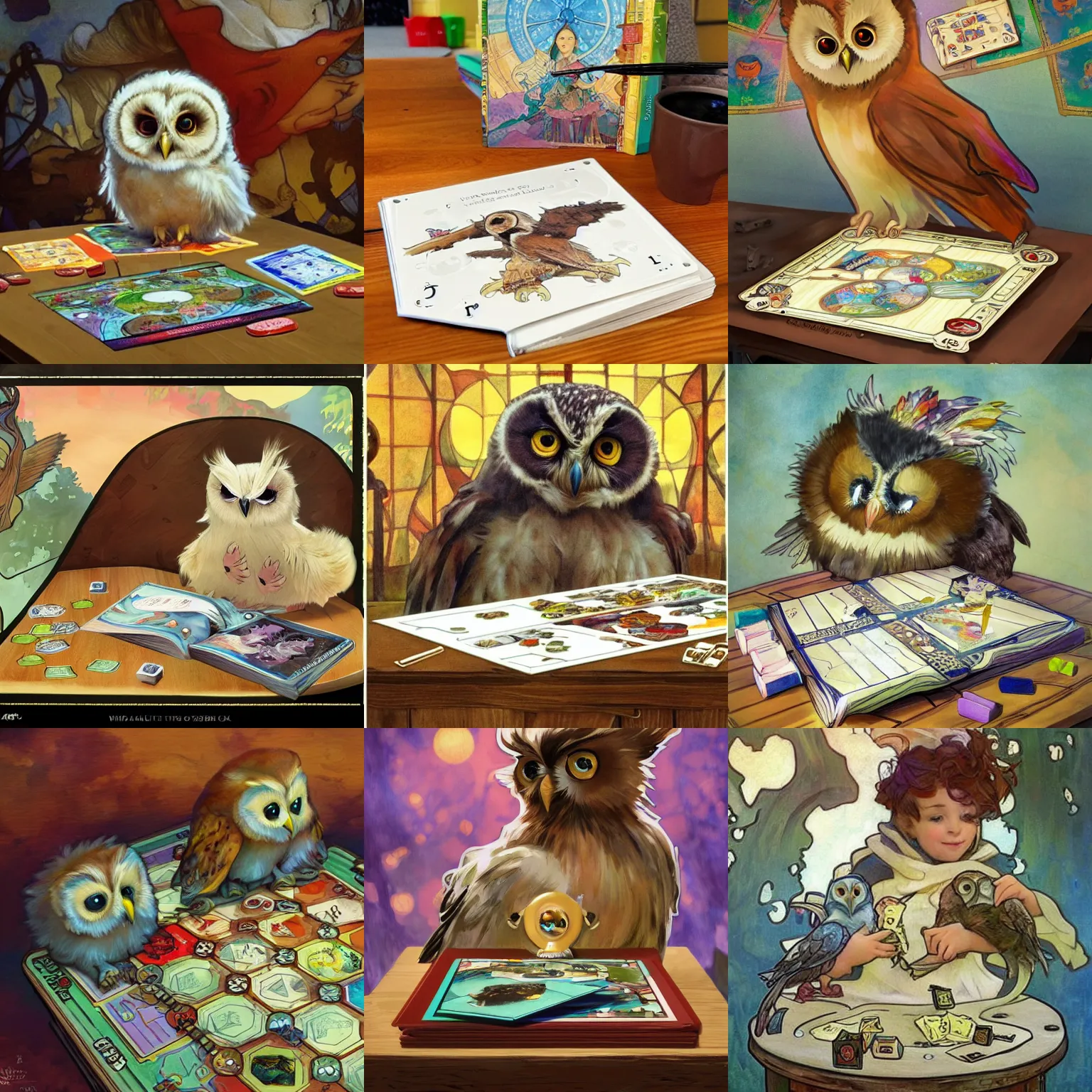 Prompt: board games on a table, with a cute fluffy baby owl, children's book, water color, digital painting, artstation, concept art, matte, sharp focus, illustration, art by Ivan Gantschev Alphonse Mucha
