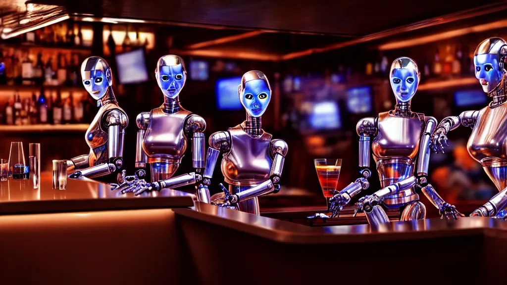 Prompt: robots drinking alcohol, inside a bar, chrome reflection, hyper-realistic, extreme detail, sharp photo, beautiful, cinematic 4K, by Sorayama