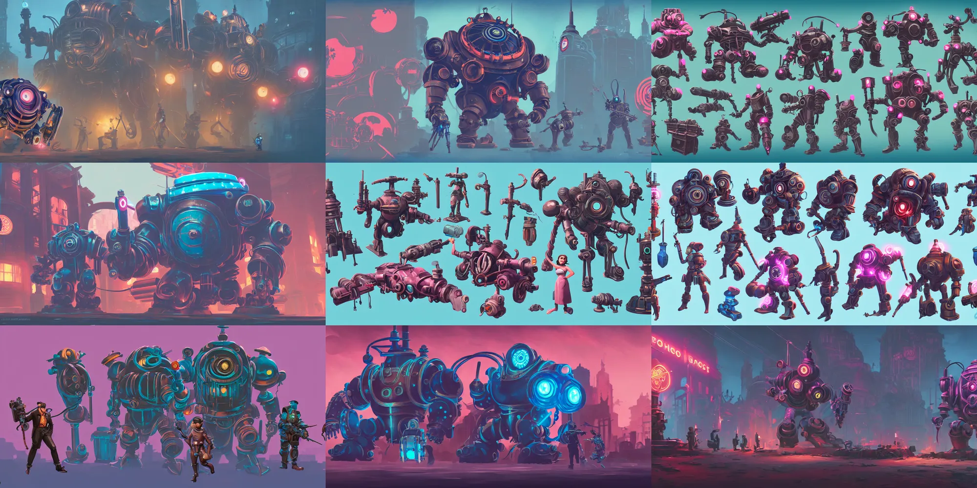 Prompt: game asset of bioshock vehicles and mech, in gouache detailed paintings, props, stylized, 2 d sprites, kitbash, arcane, overwatch, blue and pink color scheme, 8 k, close up