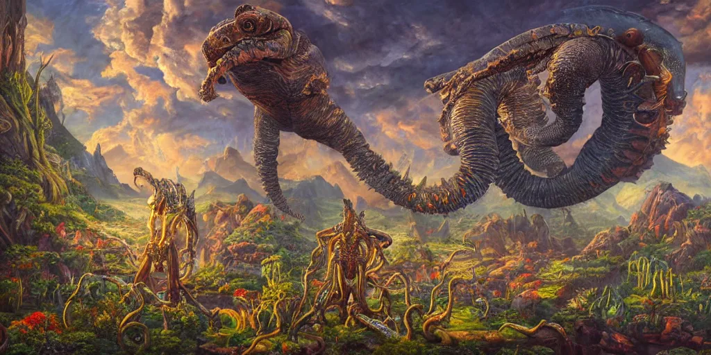 Image similar to fantasy oil painting, great leviathan, cybernetic turtle cephalopod terrapin reptilian pachyderm squid, bella hadid, hybrid, milla jovovich, anubis, epic natural light, lush plants flowers, spectacular mountains, bright clouds, luminous sky, outer worlds, golden hour, michael cheval, edward hopper, michael whelan, vray, hd