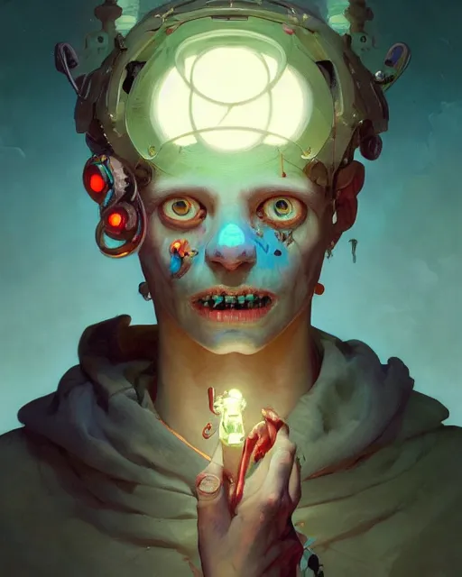 Image similar to portrait of a patchwork boy, bioluminescent, horror, expressive, asymmetrical art, highly detailed, concept art, cinematic, hyperrealism, epic, art by peter mohrbacher and wlop and rhads and artgerm and magali villeneuve and alphonse mucha, artstation, octane render, cgsociety