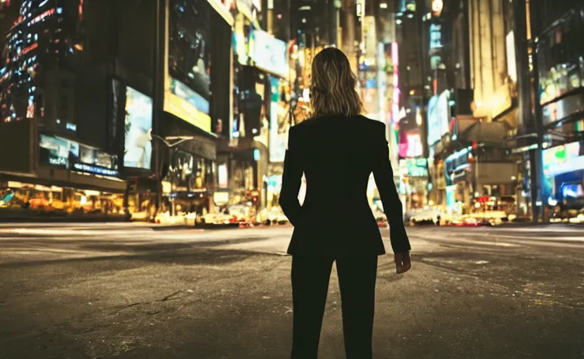 Image similar to a wide shot of a woman with a wool suit, blurred face, wearing an omega speedmaster on her wrist in front of a crowded dystopian city at night with cyberpunk lights