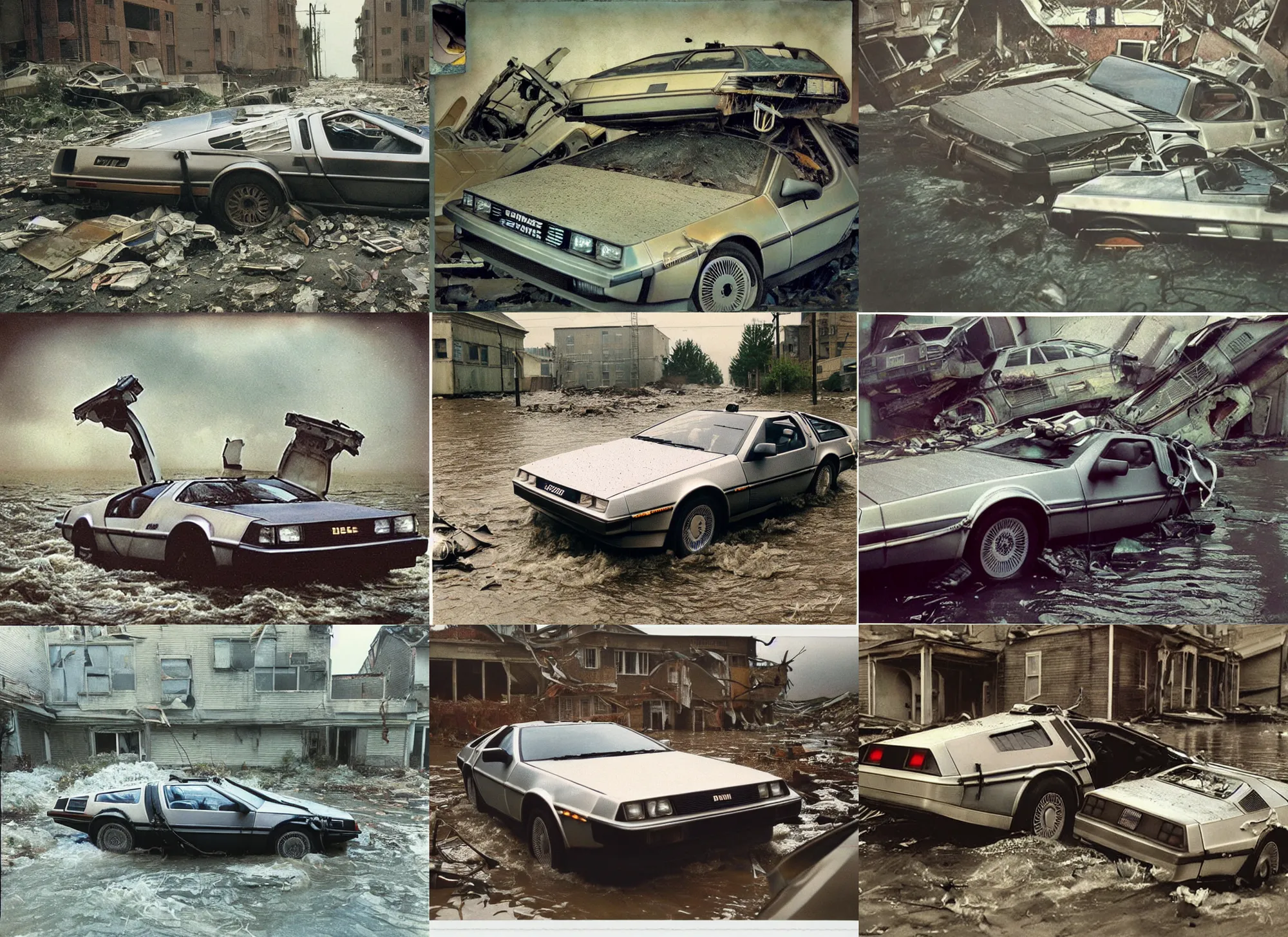 Prompt: faded photographs of delorean in postapocalyptic abandoned destroyed deep sea, wrecked buildings, destroyed flipped wrecked cars, flood water polaroid photo, vintage, 1 9 8 5, neutral colors, rainy day, by gregory crewdson