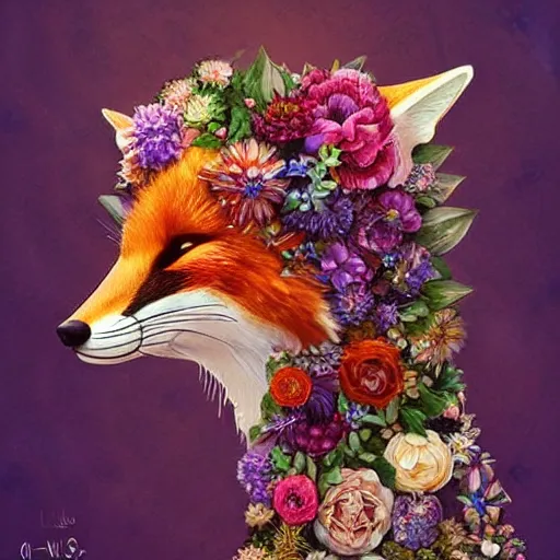 Image similar to made of flowers, made of flowers, made of flowers, fox made of flowers, fantasy art, trending on artstation, beautiful art, intricate, elegant, highly detailed, digital painting