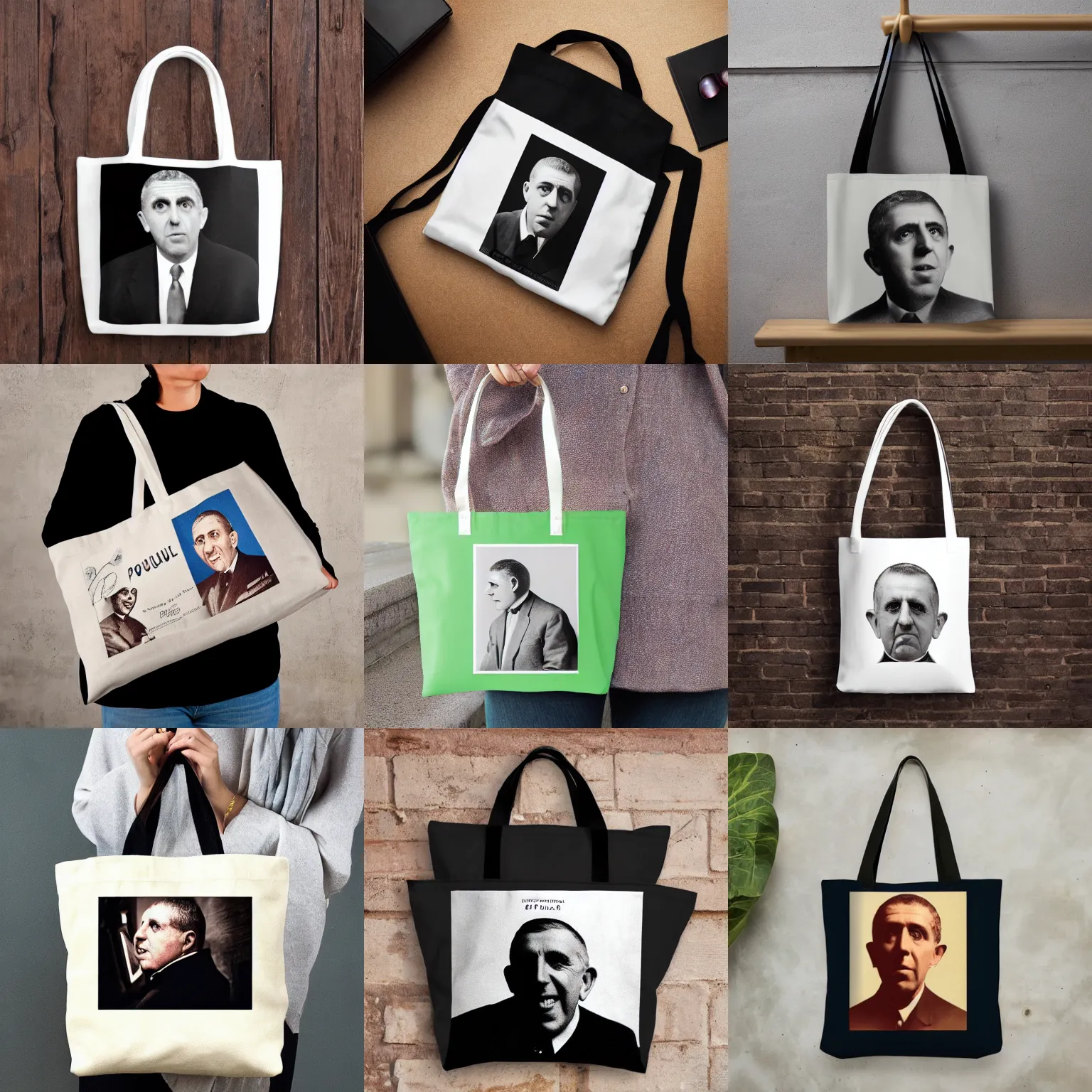 Prompt: francis poulenc tote bag, photography, goodies