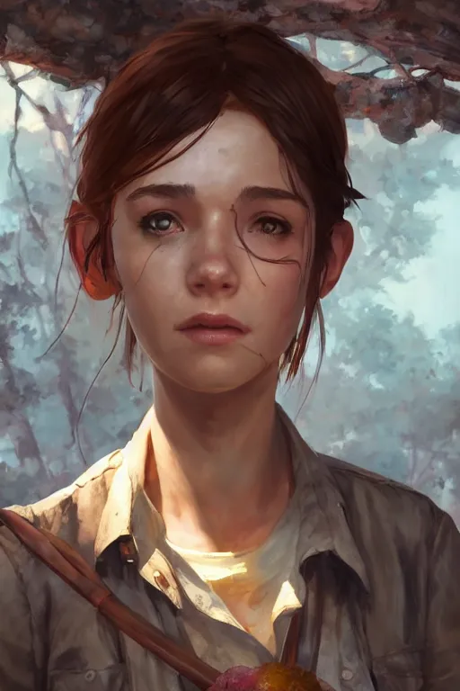Prompt: a portrait of a cute female archeologist in the last of us, archeologial dig setting, vivid colors, soft lighting, atmospheric, cinematic, moody, in the style of ilya kuvshinov and range murata, krenz cushart, rule of thirds, oil on canvas, 8 k