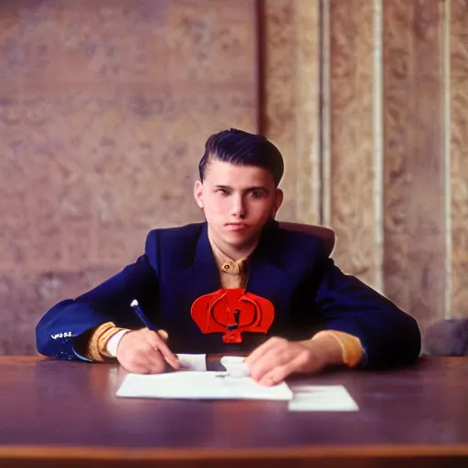 Image similar to A young man in a suit sits at a table , coat of arms of USSR with hammer and sickle in background, bokeh, cinestill, fine details