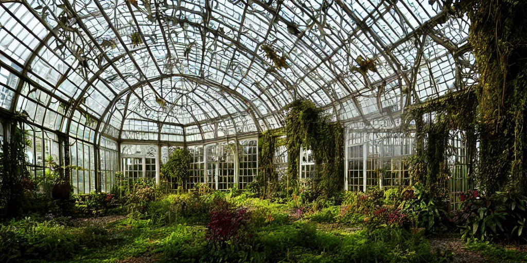 Prompt: long shot of a bright sun shining through an abandoned baroque interior of a glass conservatory, over grown botanical garden, atmospheric, ground mist, style of syon park conservatory london, saatchi art, sharp, intricate detail,