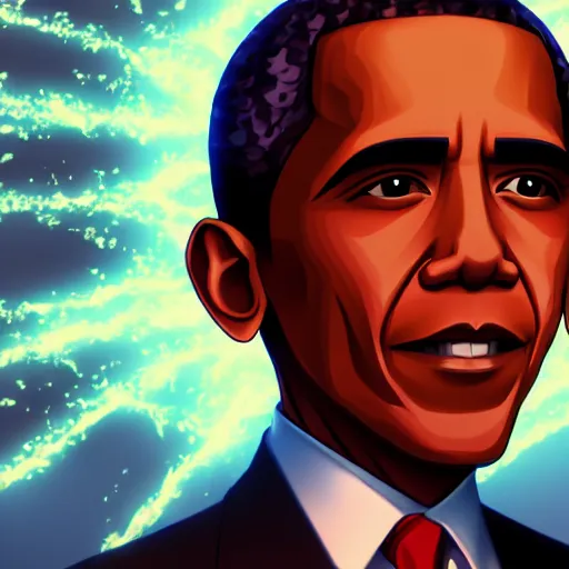 Image similar to portrait of obama the president king of flames aura mode, anime fantasy illustration by tomoyuki yamasaki, kyoto studio, madhouse, ufotable, square enix, cinematic lighting, trending on artstation