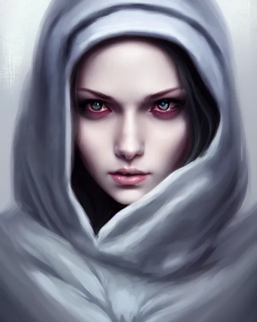 Image similar to « a portrait of a woman with a hood on, a digital painting by charlie bowater, featured on cgsociety, fantasy art, behance hd, wiccan, artstation hd »