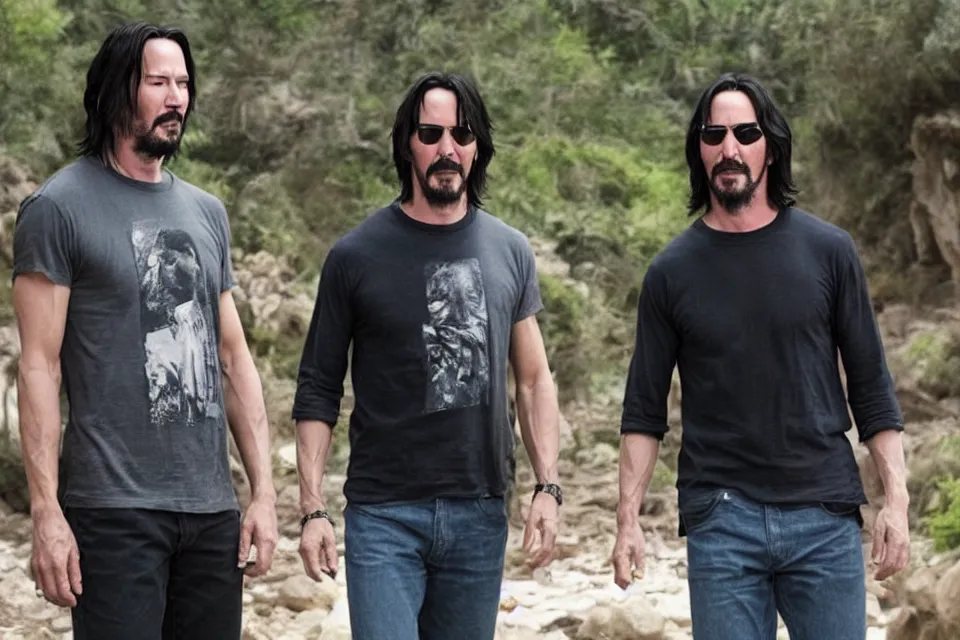 Image similar to film still of keanu reeves holding a t - shirt with keanu reeves on the sleeves in the new fantasy movie