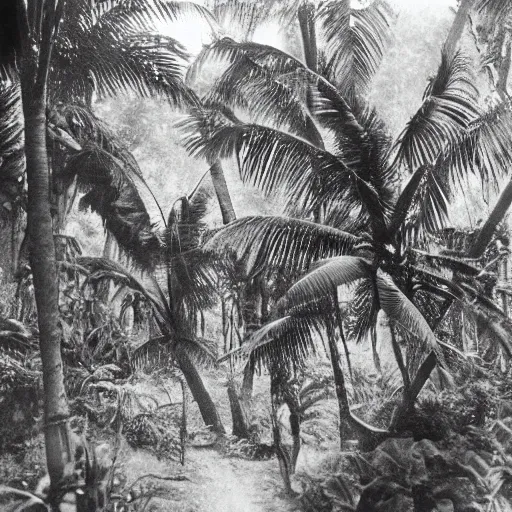 Image similar to a rizom lost film footage of a - - - - 3 d shape - - - - - in the middle of the tropical jungle / tropicalism / tropicalism / tropicalism / film still / cinematic / enhanced / 1 9 2 0 s / black and white / grain