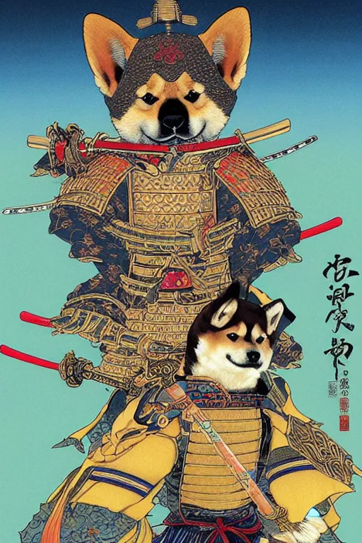 Image similar to poster of a shiba inu as a samurai, by yoichi hatakenaka, masamune shirow, josan gonzales and dan mumford, ayami kojima, takato yamamoto, barclay shaw, karol bak, yukito kishiro