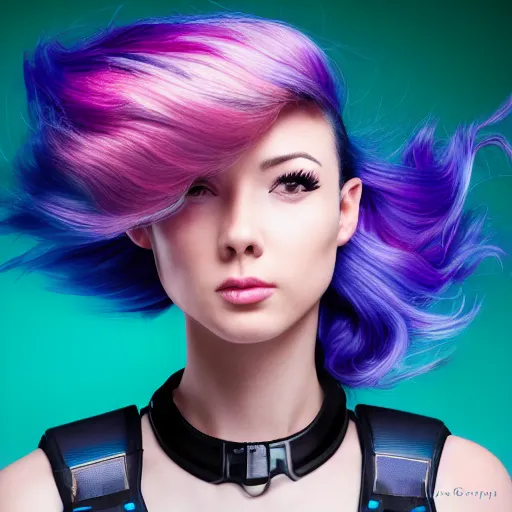 Image similar to a stunning high shutter speed action upper body portrait of a beautiful woman with a ombre purple pink hairstyle with head in motion and hair flying while wearing futuristic navy blue and teal battle bodyarmor and pauldrons by marvel comics, outrun, vaporware, action photography, highly detailed, fine detail, intricate, digital art, trending on artstation