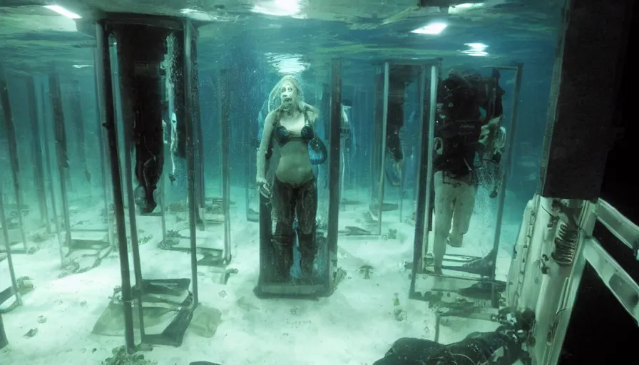 Image similar to Big budget horror movie, an underwater biolab run by cyborgs, deep in the ocean, dark and gloomy