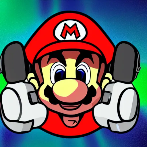 Image similar to svg sticker of a Pop-Wonder SuperMario, Mario-Wearing-a-red-hat, at a rave, spinning records, giant headphones rocking out, wearing headphones, huge speakers, dancing, rave, DJ, spinning records, digital art, amazing composition, rule-of-thirds, award-winning, trending on artstation, featured on deviantart