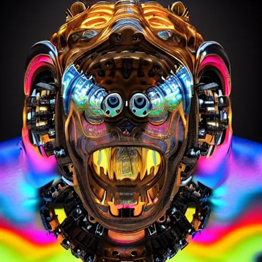 Prompt: two headed tiger of two heads steampunk robot bodybuilder bouncer security with gears and tubes, blue eyes, shiny crisp 3 d render, bio - mechanical intelligences, aliens, robotic machines, gods, glitch creatures, dmt entity ; lsd art, very detailed, fluorescent colors, background multicolored lasershow