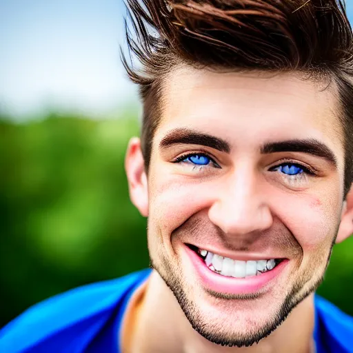 Image similar to a photographic portrait of a young Caucasian man smiling with short brown hair that sticks up in the front, blue eyes, groomed eyebrows, tapered hairline, sharp jawline, wearing a volleyball jersey, sigma 85mm f/1.4, 15mm, 35mm, 4k, high resolution, 4k, 8k, hd, full color