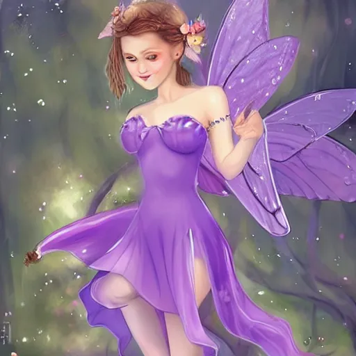 Image similar to very very very beautiful tiny fairy woman in her 20s with fairy wings wearing skintight purple dress, making eye contact, smiling, flirty, perfect body, perfect face, drawn by charles bowater