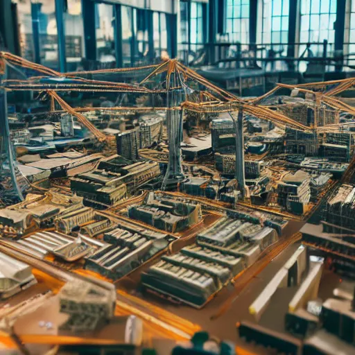 Image similar to crane shot of large group people in open warehouse, looking at hologram of futuristic city on a table, cinematic still, godrays, golden hour, natural sunlight, 4 k, clear details, tabletop model buildings, tabletop model, ethereal hologram center, crane shot, crane shot, rule of thirds, people foreground