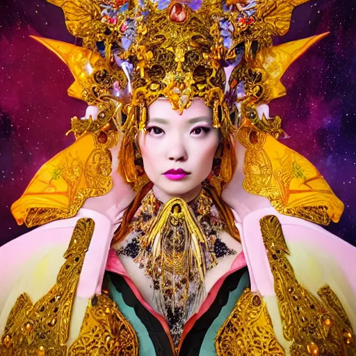 Image similar to a beautiful empress portrait, with a brilliant, impossible striking big cosmic galaxy headpiece, clothes entirely made out of cosmos chaos energy, symmetrical, dramatic studio lighting, rococo, baroque, jewels, asian, hyperrealism, closeup, D&D, fantasy, intricate, elegant, highly detailed, digital painting, artstation, octane render, 8k, concept art, matte, sharp focus, illustration, art by Artgerm and Greg Rutkowski and Alphonse Mucha