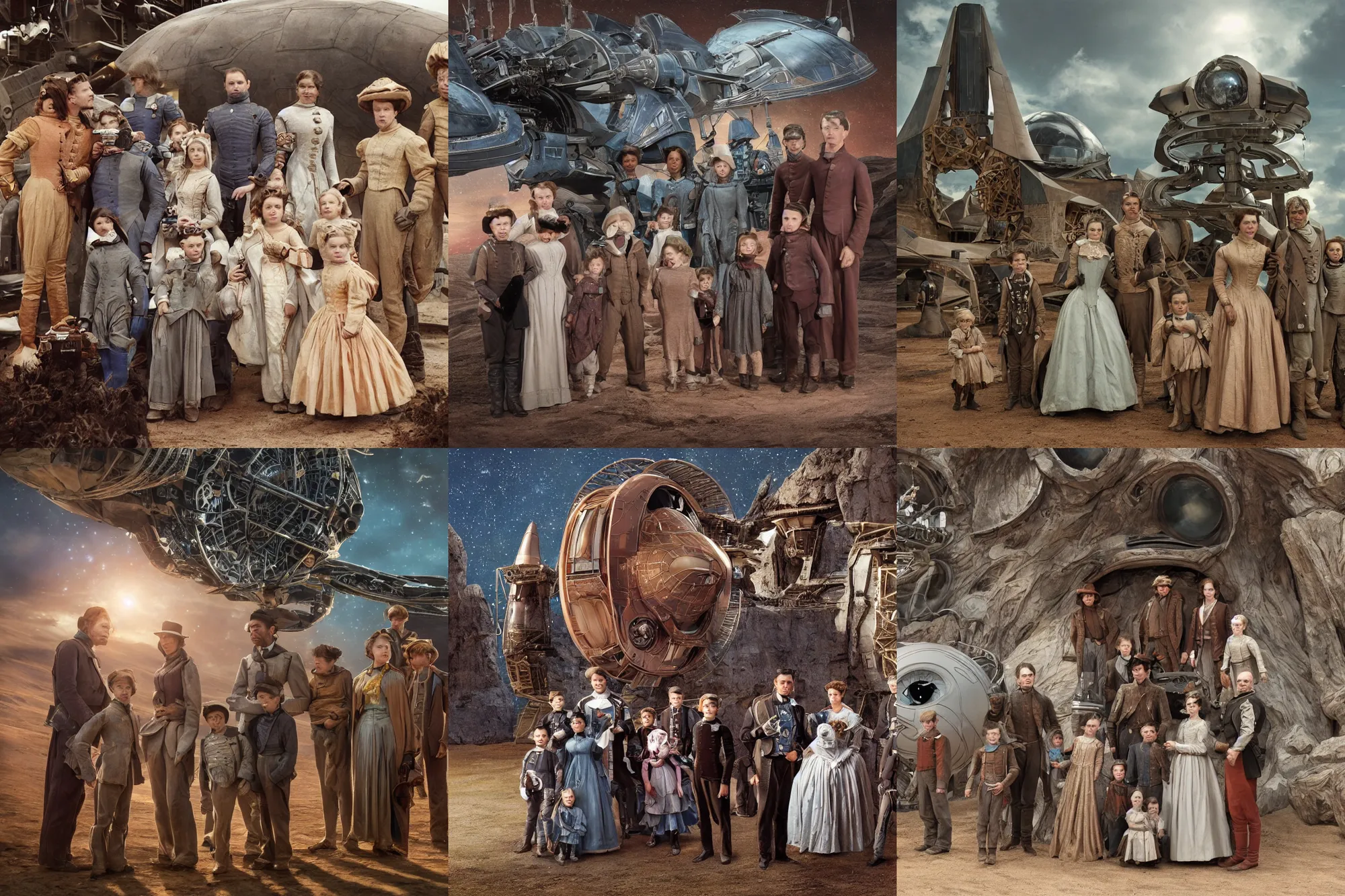 Prompt: highly detailed, 524288k film still from a sci fi blockbuster color movie made in 2019, set in 1860, of a family standing in front of a spaceship that has just landed on an alien planet, a humanoid alien creature stands nearby, the family are all wearing 1860s era clothes, good lighting, good photography, in focus, human faces
