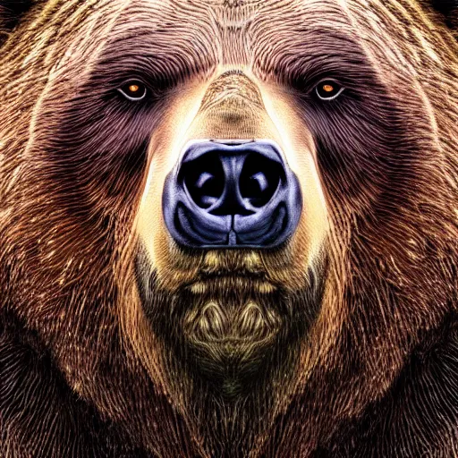 Prompt: portrait of a grizzly bear face, goofy expression, studio backdrop, hyper realistic, detailed digital painting, close up, low - key lighting, dramatic lighting, studio lighting, dark
