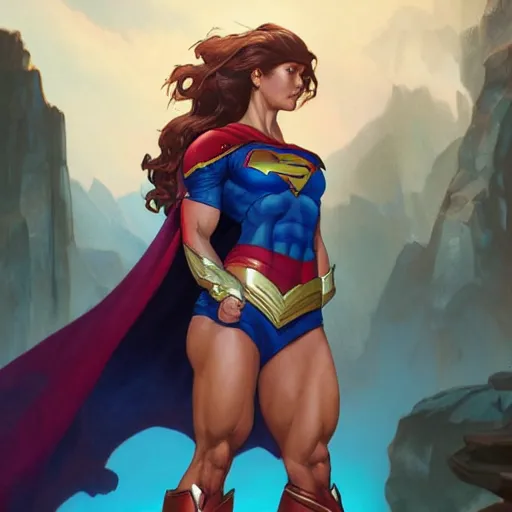 Prompt: muscular supergirl, deep focus, d & d, fantasy, intricate, elegant bikini, highly detailed, digital painting, artstation, concept art, matte, sharp focus, illustration, hearthstone, art by artgerm and greg rutkowski and alphonse mucha